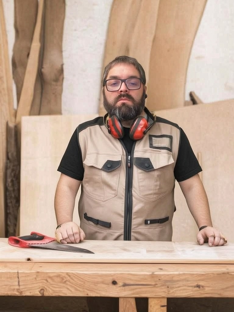 Carpintero junto a su banco de trabajo en el taller