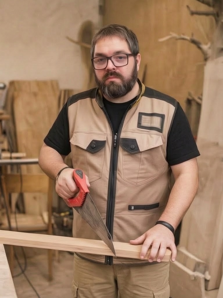 Carpintero trabajando una tabla de madera con una sierra manual